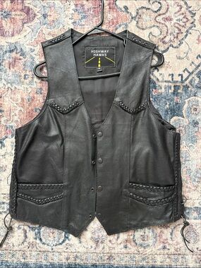 Men's Black Leather Braid-Trim Vest